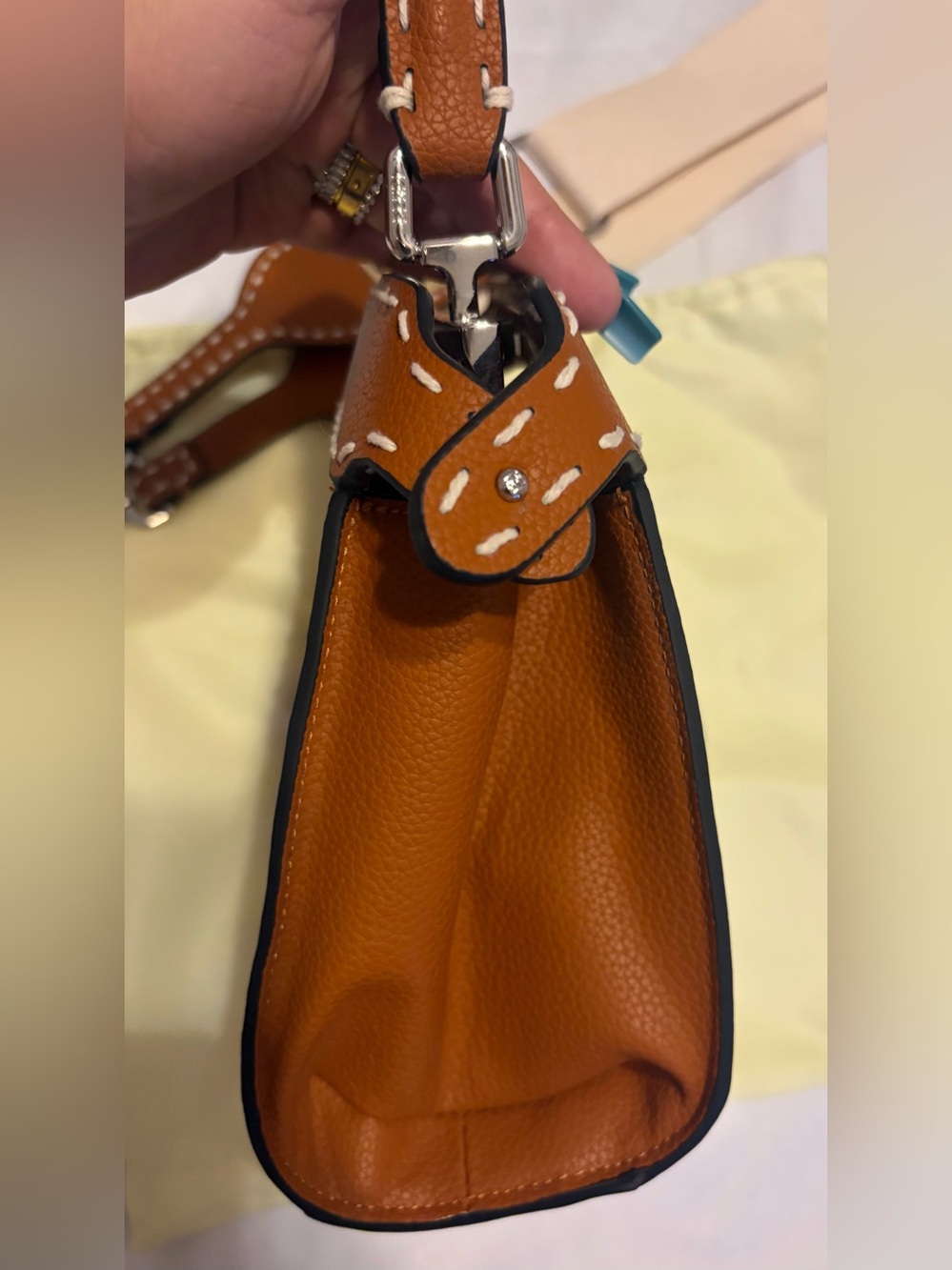 Fashion Tan Leather Peekaboo Crossbody With Cream Mono Canvas Guitar Strap - Picture 6 of 16